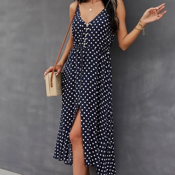 Button up v neck tie polka dot midi dress - Picture 11 of 16
